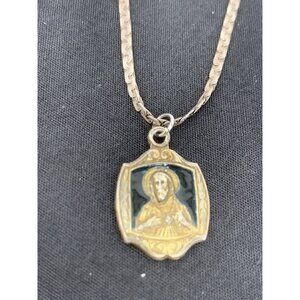 VTG Sacred Heart of Jesus Catholic Sterling Silver Italy 21" Necklace Pendant wi